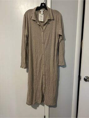 H&M Linen-Blend Button Cardigan MIDI Dress in Beige